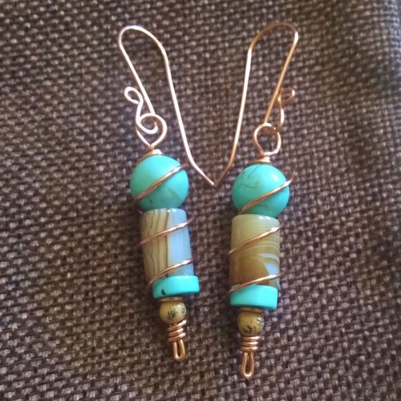 Aqua Turquoise & Tan Stack Stone Earrings ~ Handmade Copper Wire Wrap & Ear Wire - Picture 5 of 11